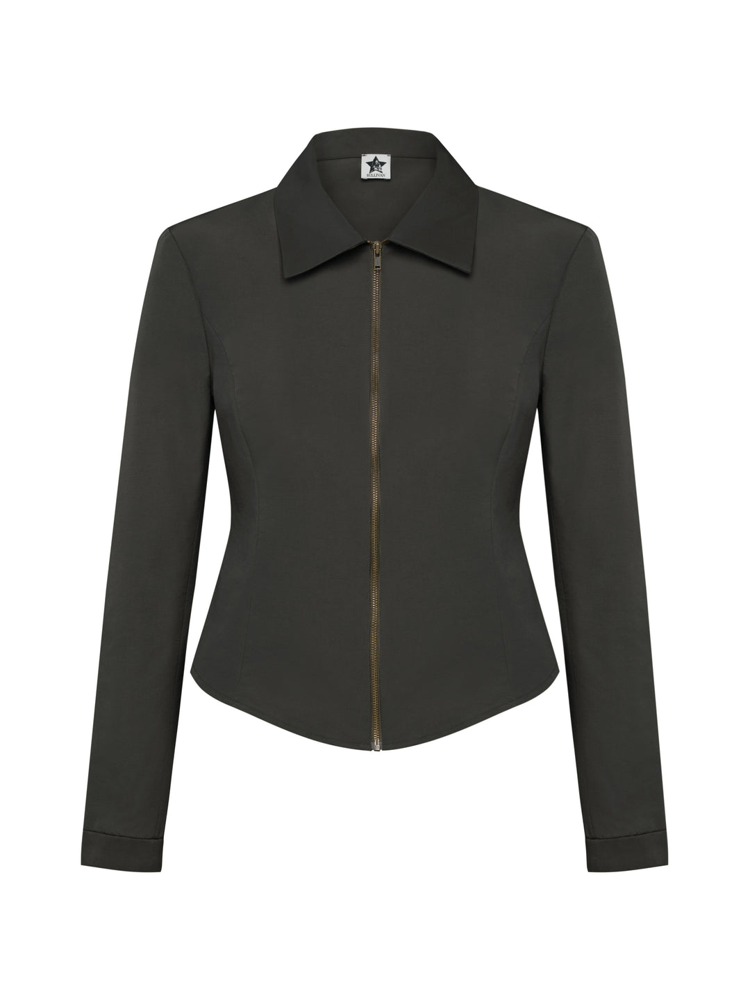 Ghost mannequin photo of the graphite Slim Zip Jacket, a tailored tight-fitted jacket made from faille fabric with princess seams that create a curved waistline 