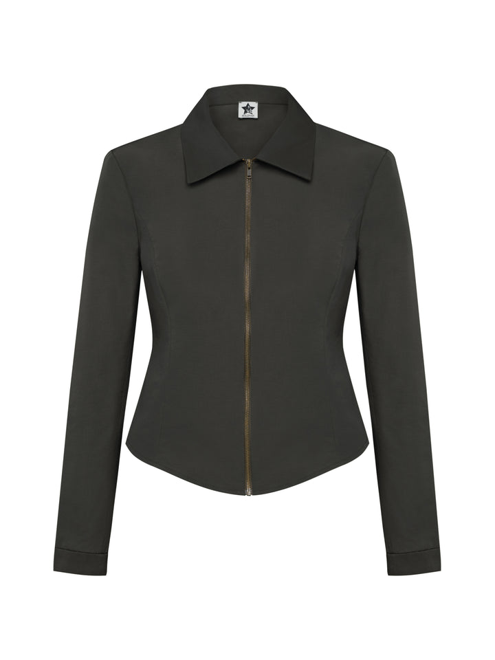 Ghost mannequin photo of the graphite Slim Zip Jacket, a tailored tight-fitted jacket made from faille fabric with princess seams that create a curved waistline 