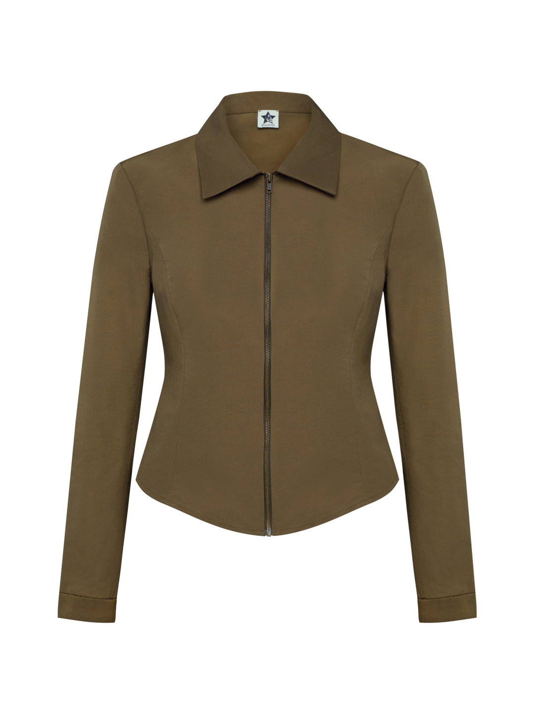 Moss green Slim Zip Jacket, a tailored jacket made from faille fabric with princess seams and a curved waistline and hem