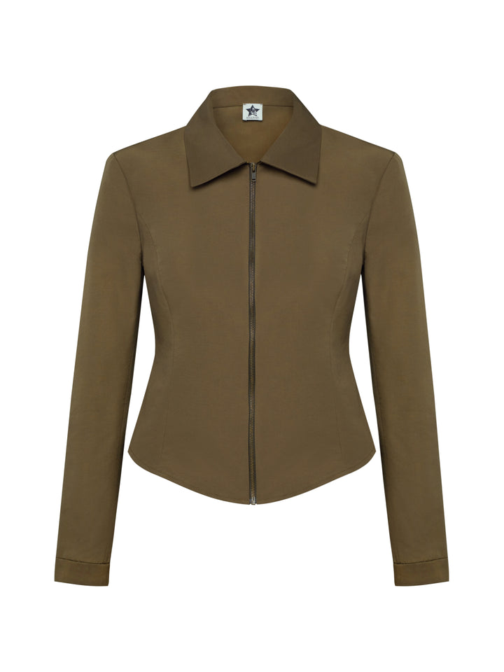 Moss green Slim Zip Jacket, a tailored jacket made from faille fabric with princess seams and a curved waistline and hem