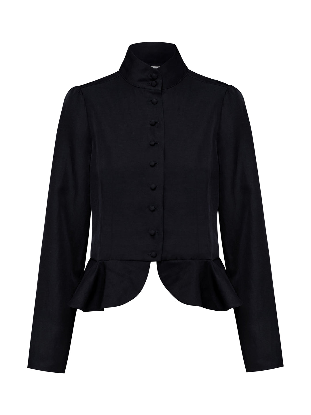 Black blazer peplum jacket with a high collar and fabric covered buttons with a unique hem on a white background