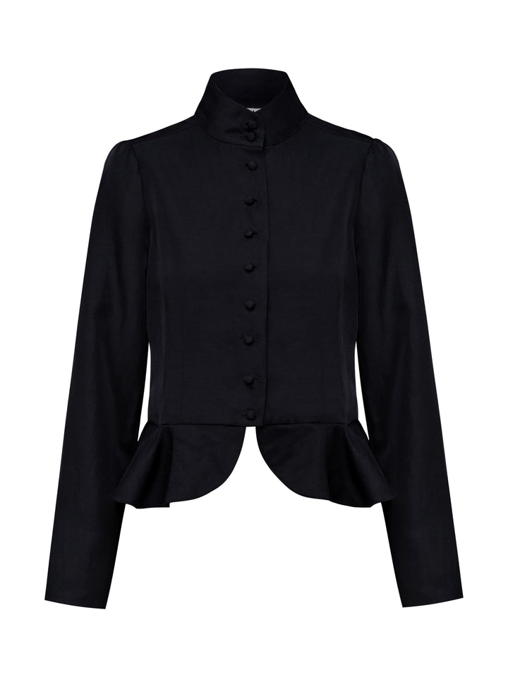 Black blazer peplum jacket with a high collar and fabric covered buttons with a unique hem on a white background