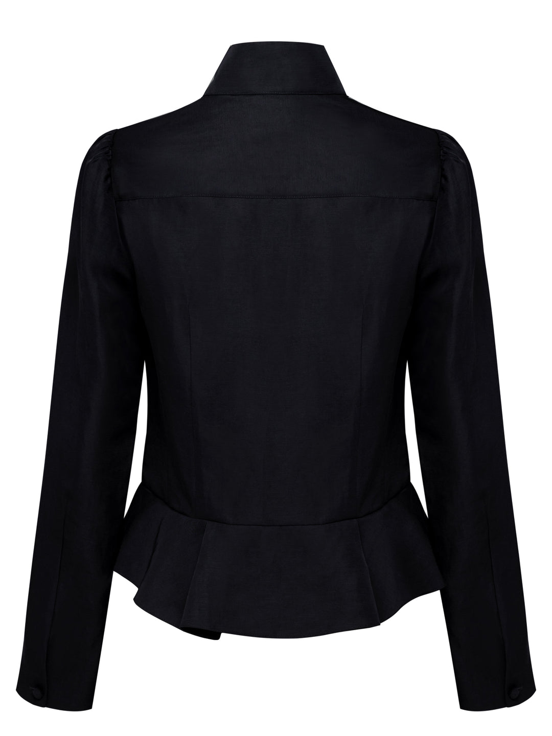 Black jacket with peplum waist and high collar seen from the back on a grey background