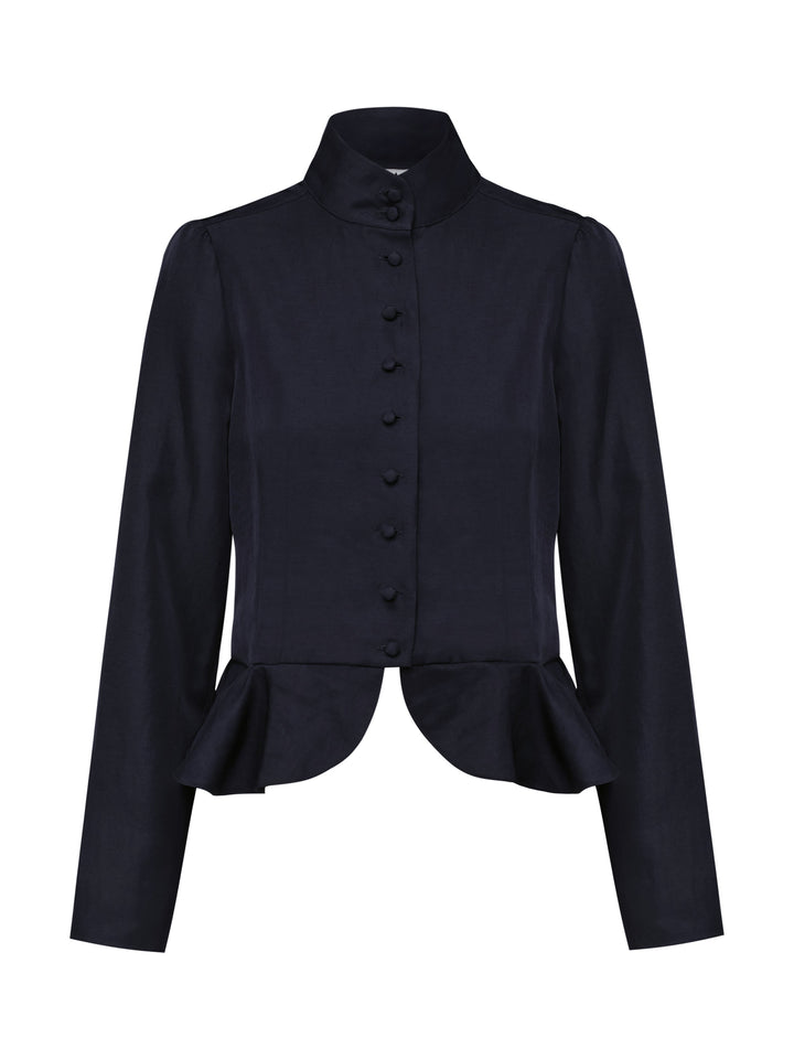 navy blue midnight colored blouse with ruffled bottom on a white background