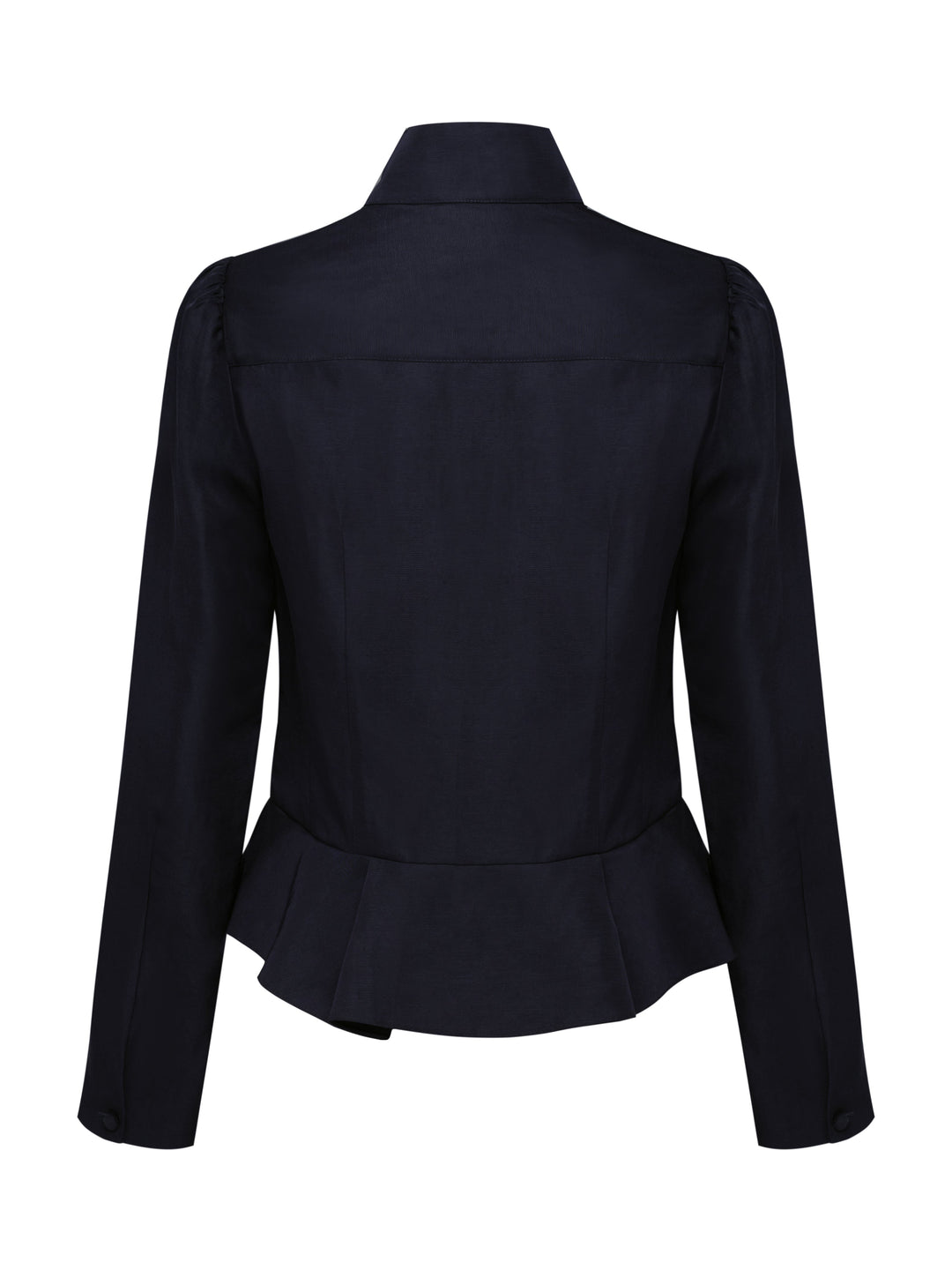 Navy blue midnight color peplum jacket seen from the back on a grey background 