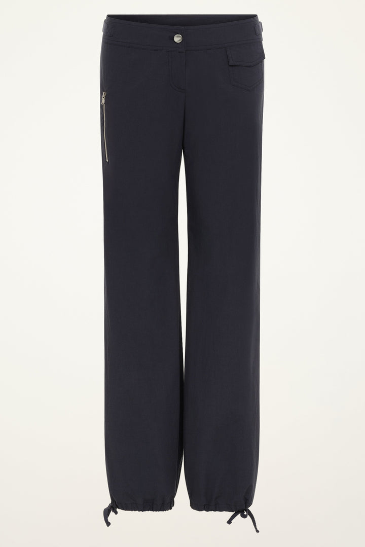 Front product view of women’s midnight cotton wide-leg pants with ankle drawstrings.