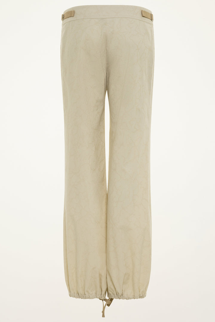 Back product view of women’s sand jacquard billow pants with ankle drawstrings.