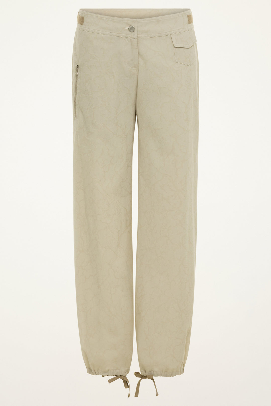 Front product view of women’s sand jacquard billow pants with zip pocket and ankle drawstrings.