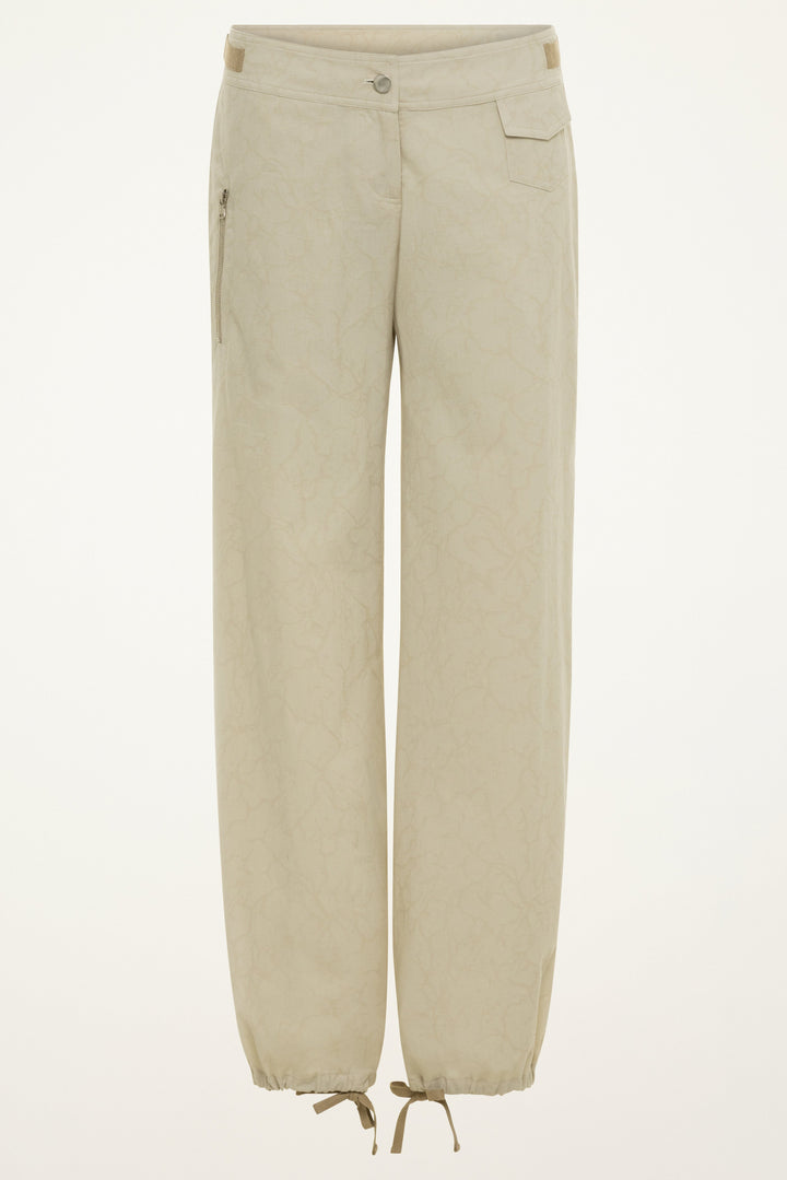 Front product view of women’s sand jacquard billow pants with zip pocket and ankle drawstrings.