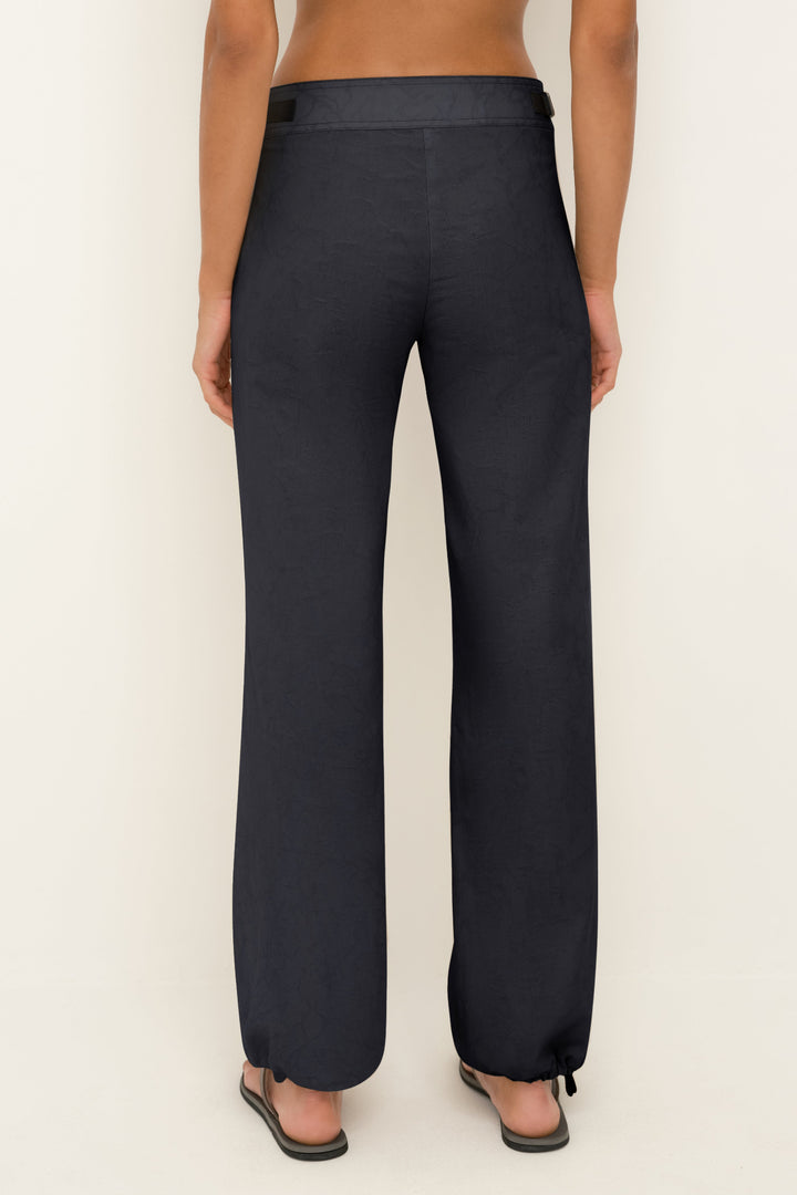 Women’s steel jacquard billow pants, back on-model view with cinched hems.