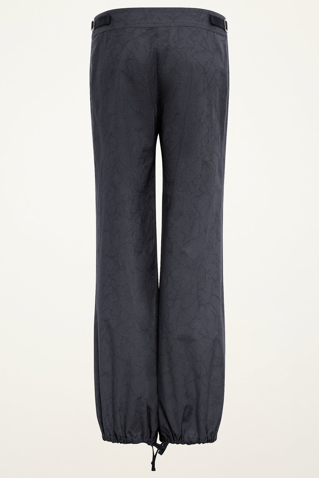 Back product view of women’s steel jacquard billow pants with ankle drawstrings.