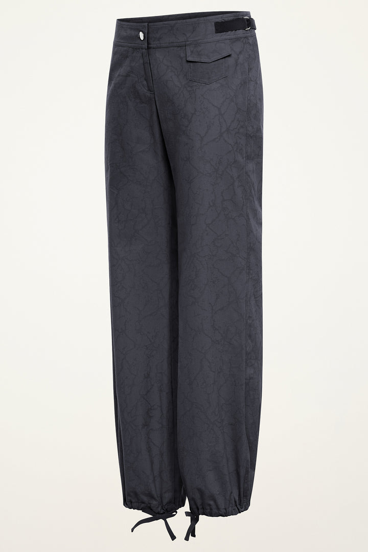 Three-quarter front product view of women’s steel jacquard billow pants with ankle drawstrings.