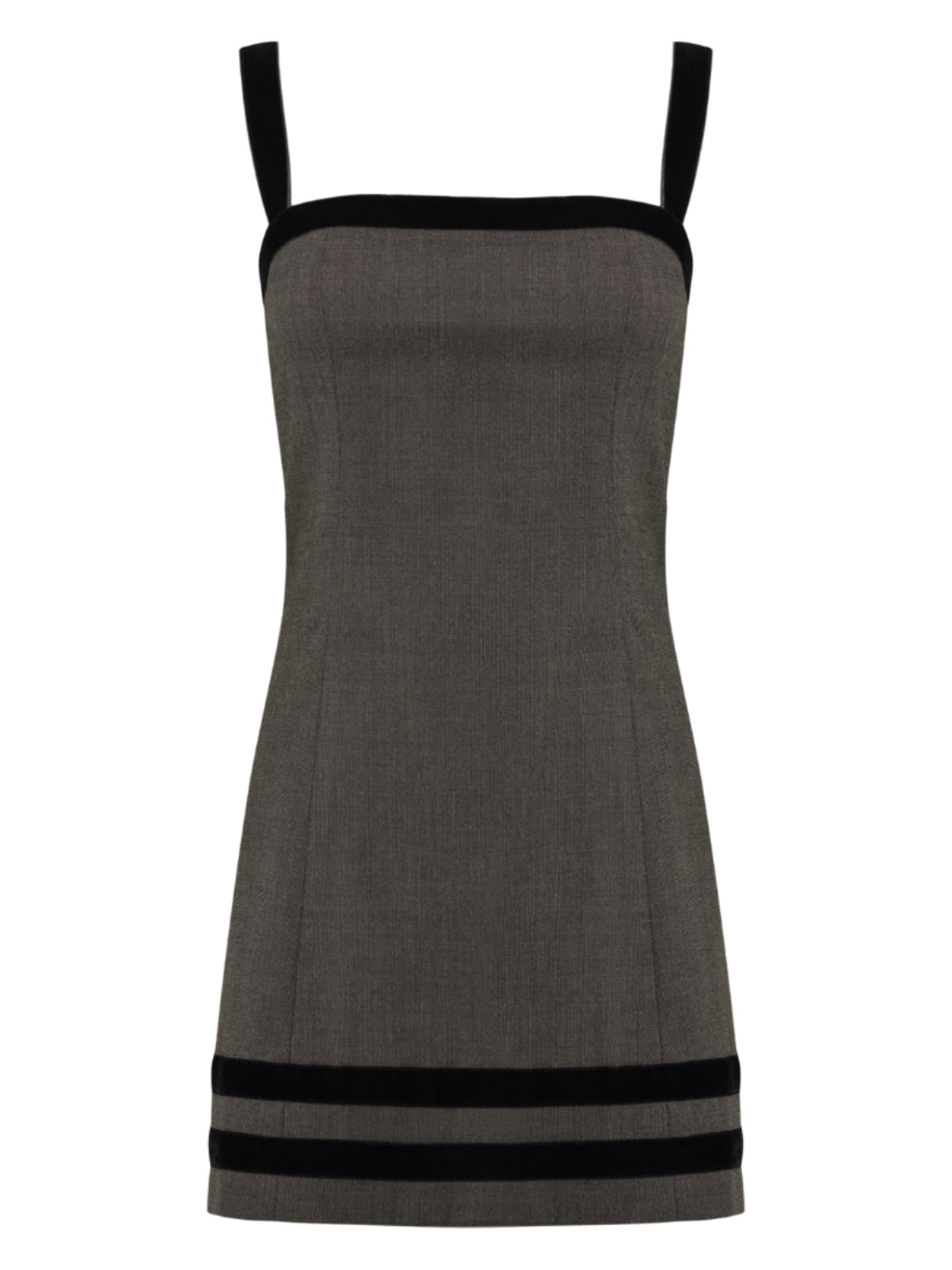 Gray dress with black velvet accents on a white background