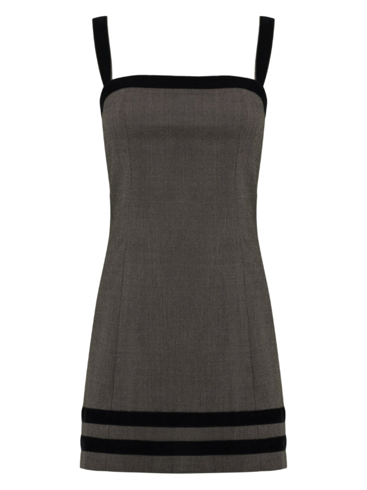 Gray dress with black velvet accents on a white background