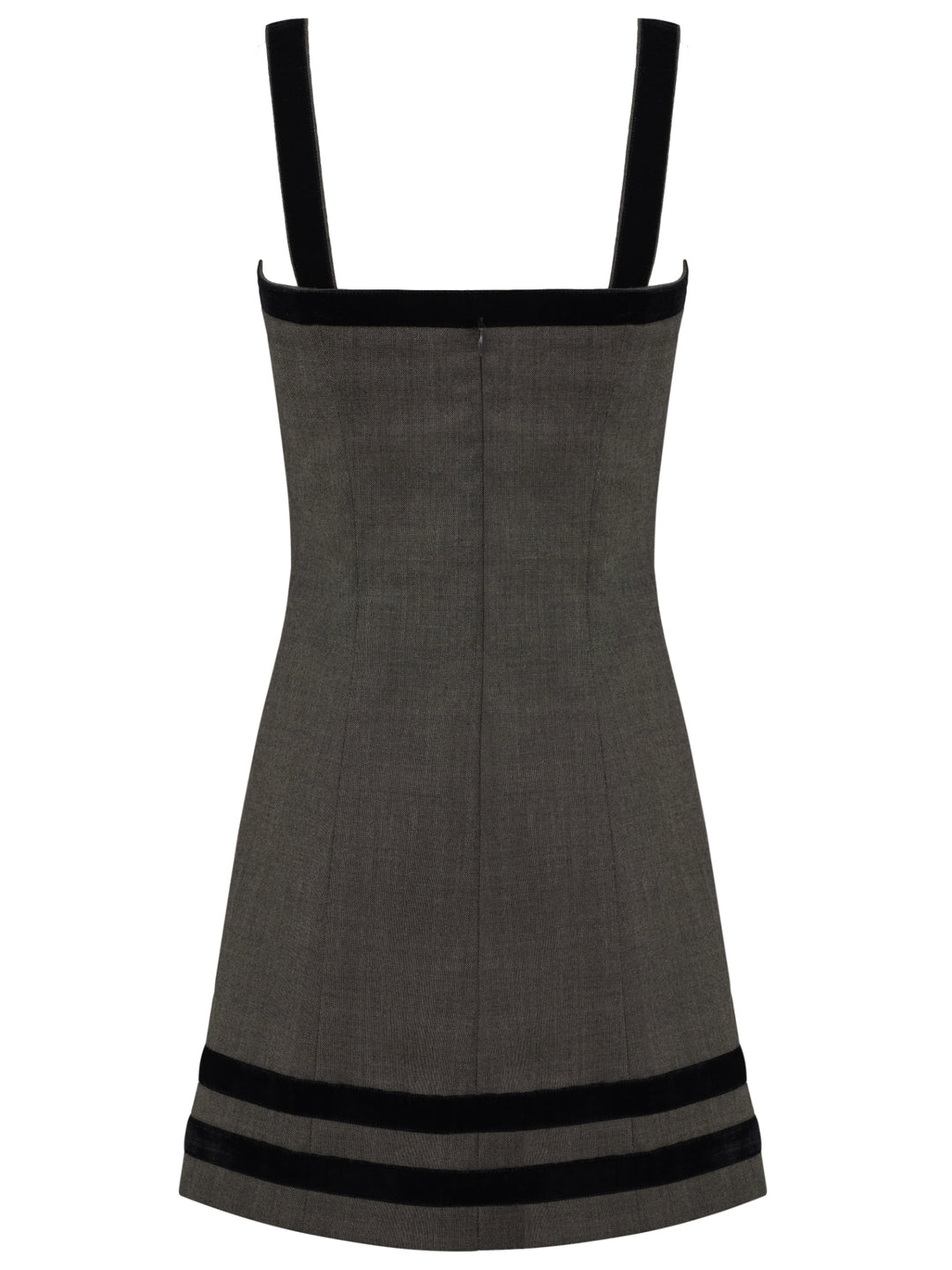 Gray-brown dress with black velvet trim on a white background