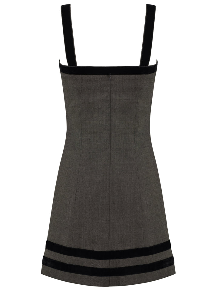 Gray-brown dress with black velvet trim on a white background