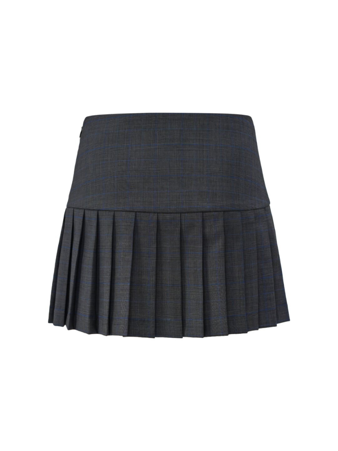 Dark grey and navy glen plaid pleated skirt with a drop waist on a white background