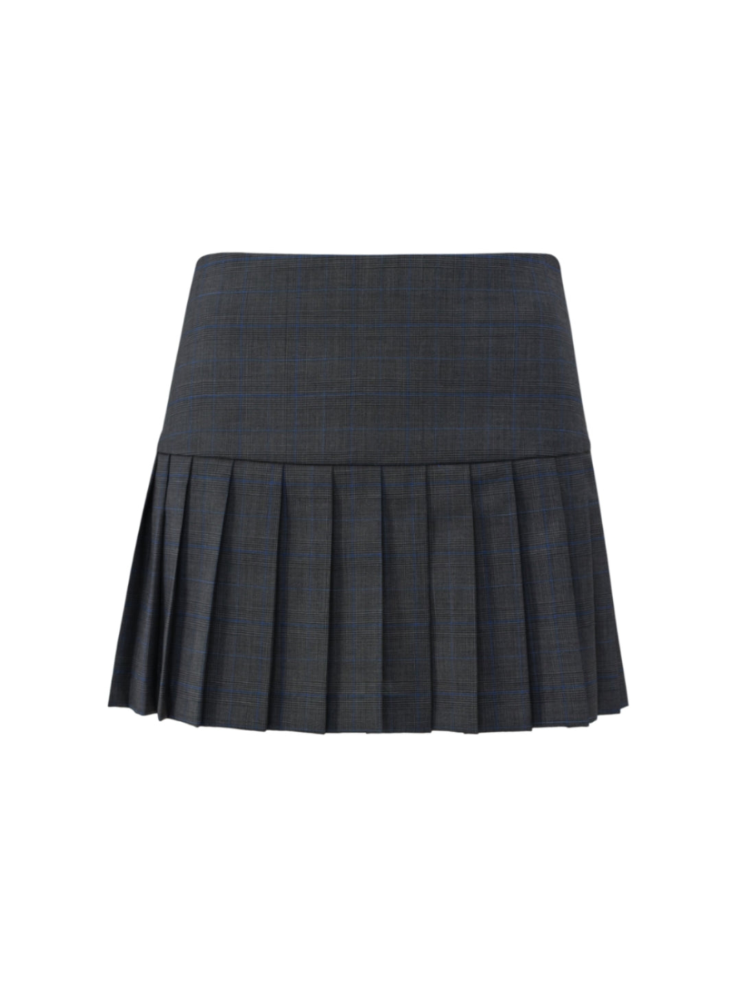 Dark gray navy plaid pleated skirt with a drop waist on a grey background